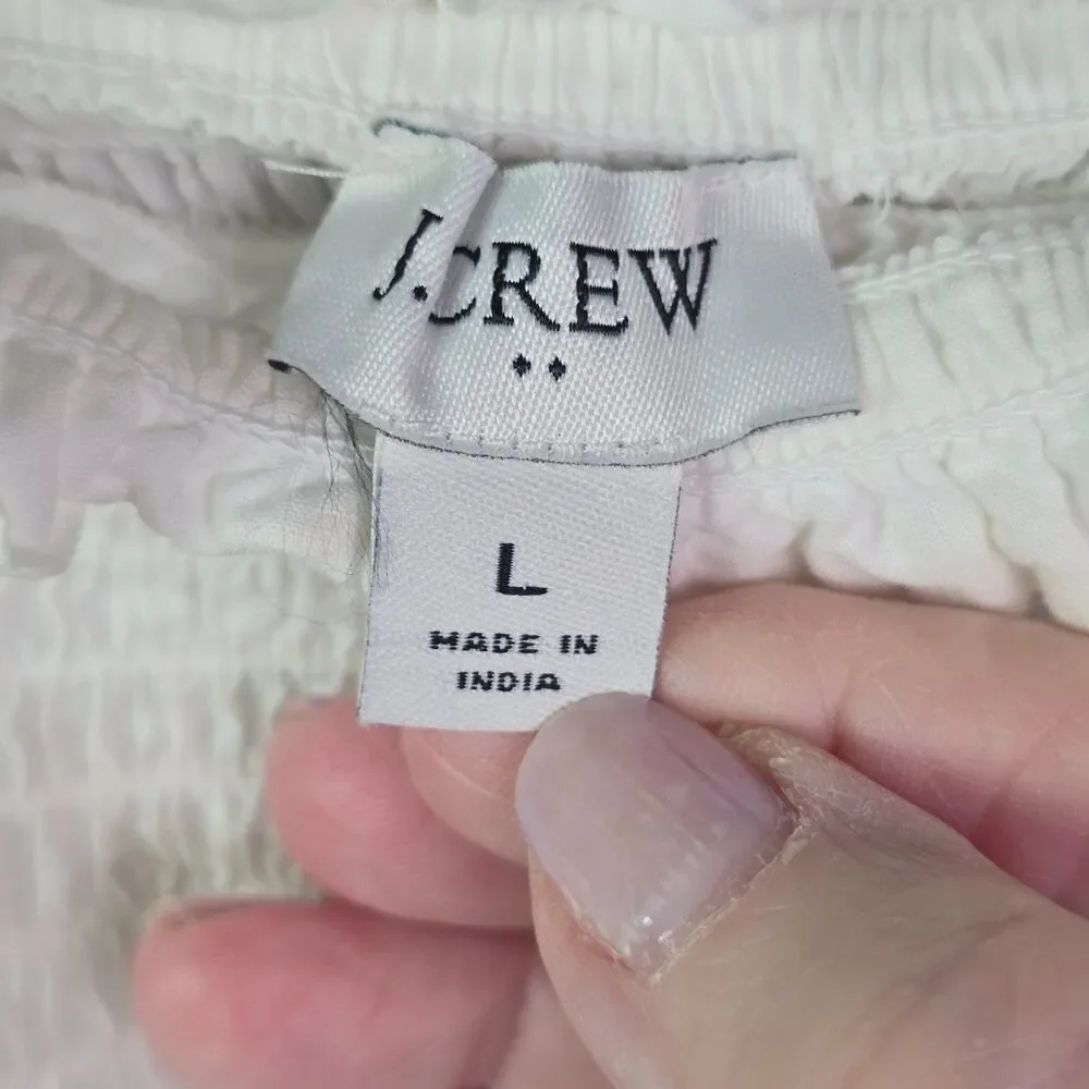J Crew Smocked Tie Shoulder Cami White L Bow Strap Cotton Tank Coastal